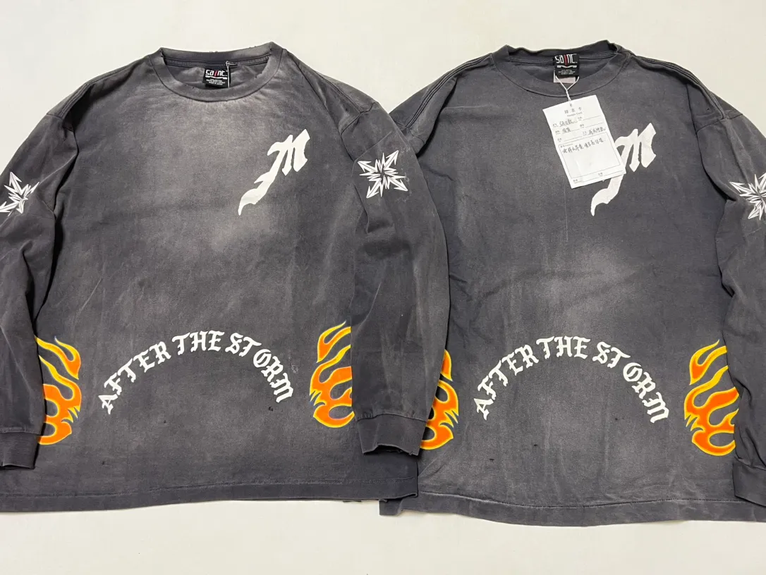 Large goods VS ZP SAINT Mxxxxxx M/AFTER LS_TEE/BLACK flame arrow letter M retro old long tee washed black S-XL